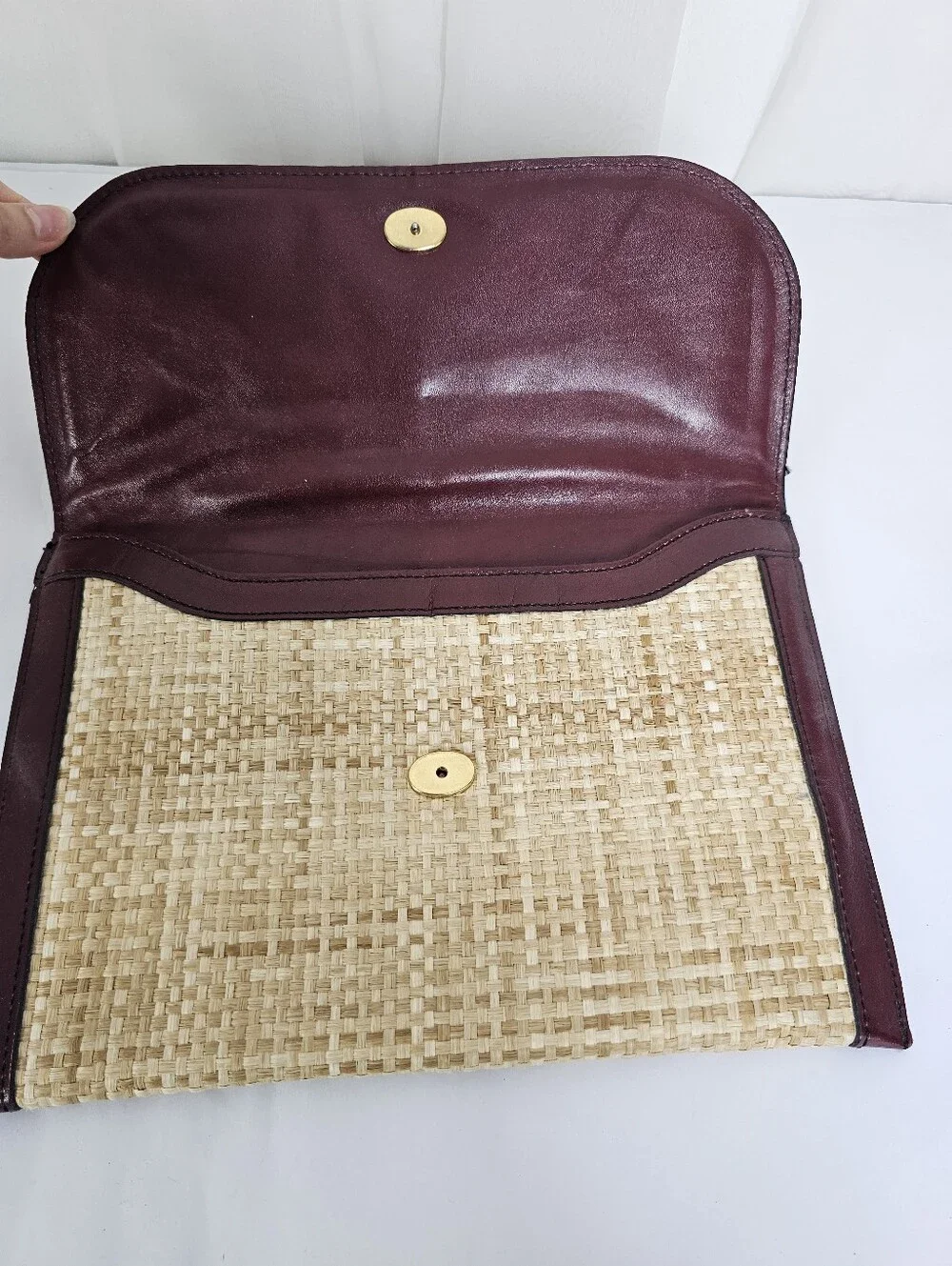 Etienne Aigner Woven Straw Clutch with Burgundy Leather Trim Vintage